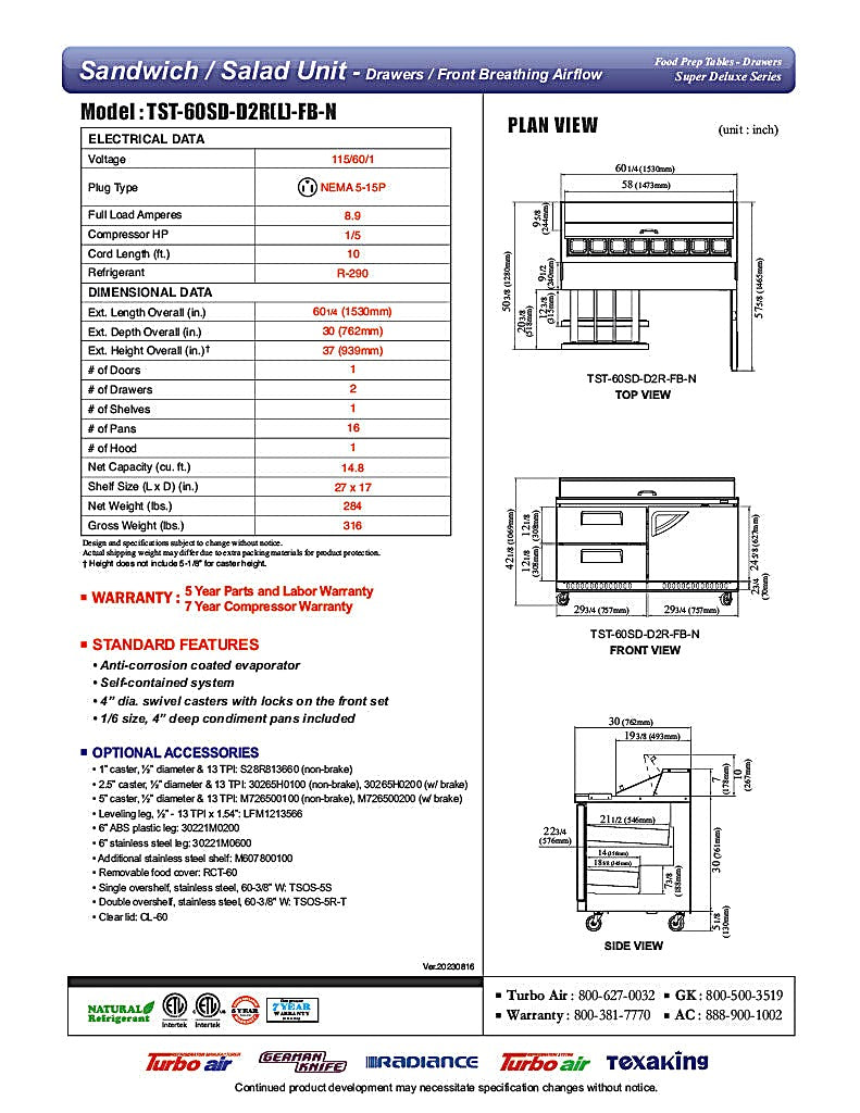 Turbo Air TST-60SD-D2R(L)-FB-N Super Deluxe 60" Sandwich/Salad Prep Table with Drawers and Hinged Door - Donut-Equipment.com