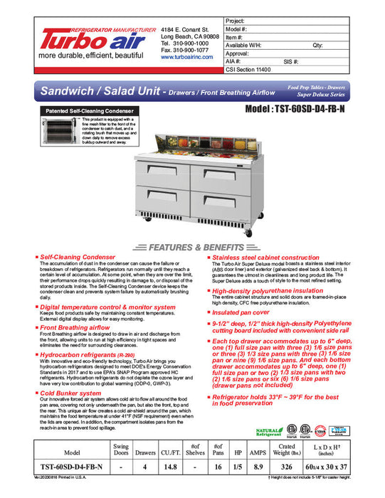 Turbo Air TST-60SD-24-D4-FB-N 60" 24 Pan Four Drawer Mega Top Sandwich/Salad Prep Table - Donut-Equipment.com