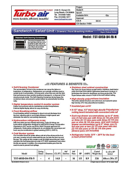 Turbo Air TST-60SD-24-D4-FB-N 60" 24 Pan Four Drawer Mega Top Sandwich/Salad Prep Table - Donut-Equipment.com
