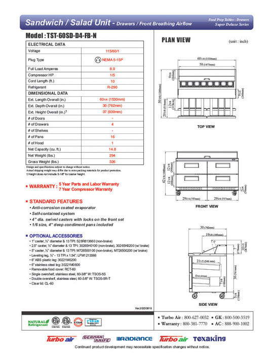 Turbo Air TST-60SD-24-D4-FB-N 60" 24 Pan Four Drawer Mega Top Sandwich/Salad Prep Table - Donut-Equipment.com