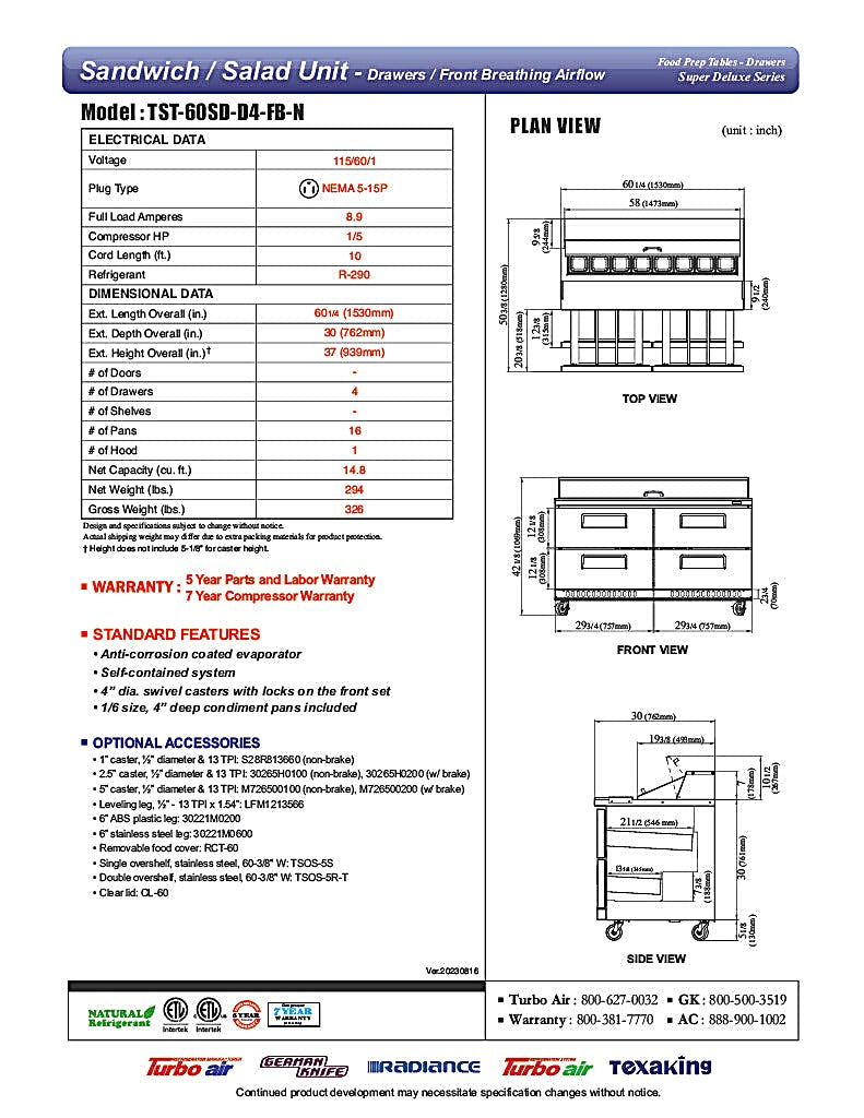 Turbo Air TST-60SD-24-D4-FB-N 60" 24 Pan Four Drawer Mega Top Sandwich/Salad Prep Table - Donut-Equipment.com