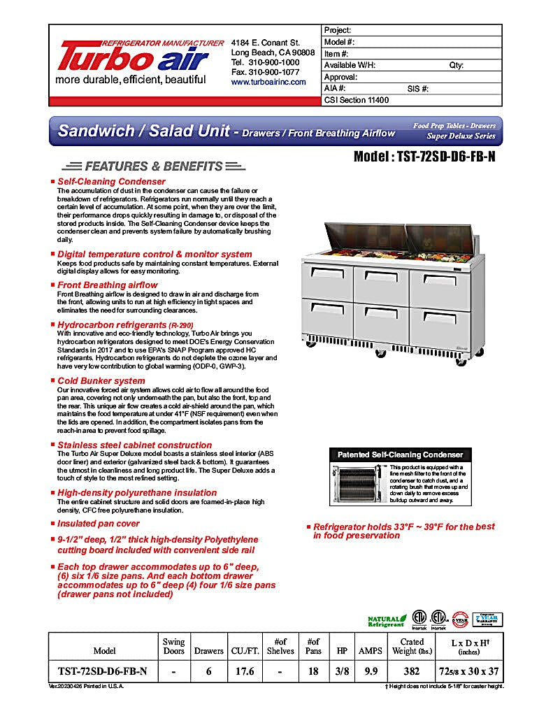 Turbo Air TST-72SD-D6-FB-N Super Deluxe 72" Sandwich/Salad Prep Table with Six Drawers - Donut-Equipment.com