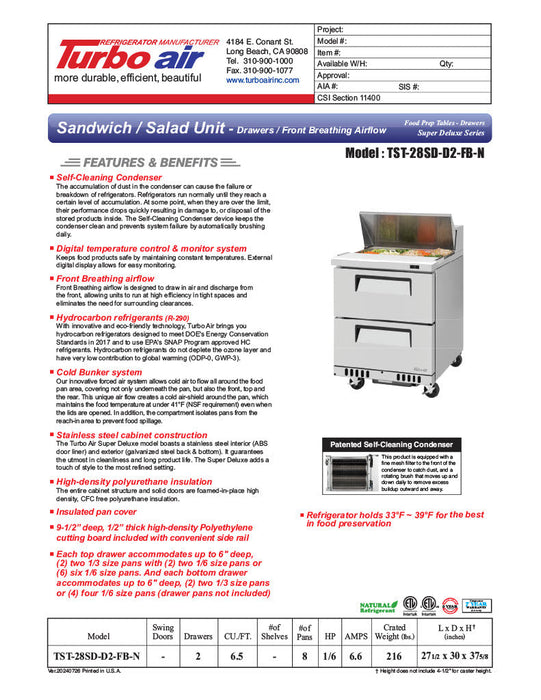 Turbo Air TST-28SD-D2-FB-N Super Deluxe 28" Sandwich/Salad Prep Table with Two Drawers - Donut-Equipment.com