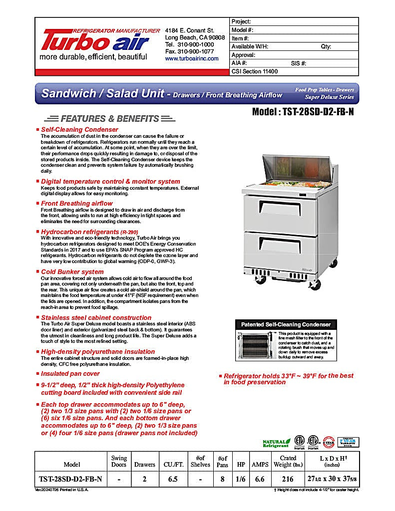 Turbo Air TST-28SD-D2-FB-N Super Deluxe 28" Sandwich/Salad Prep Table with Two Drawers - Donut-Equipment.com