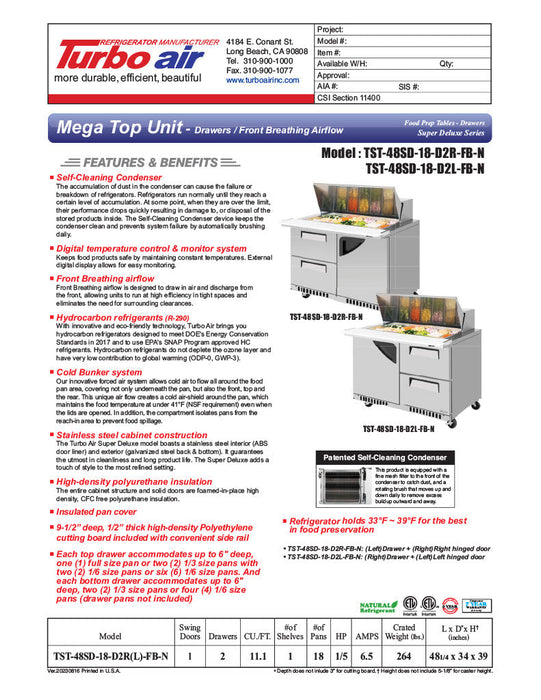 Turbo Air TST-48SD-18-D2R(L)-FB-N 48" Mega Top Sandwich Prep Table w/ 2 Drawers & 1 Door - Donut-Equipment.com