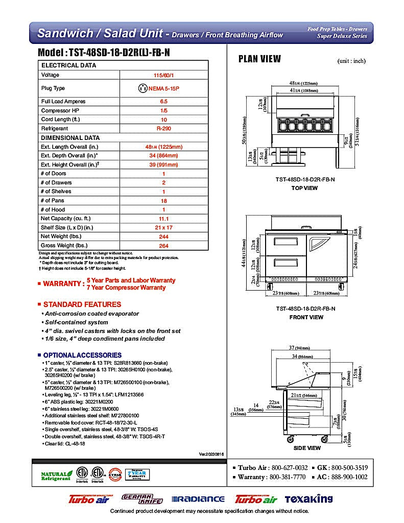 Turbo Air TST-48SD-18-D2R(L)-FB-N 48" Mega Top Sandwich Prep Table w/ 2 Drawers & 1 Door - Donut-Equipment.com