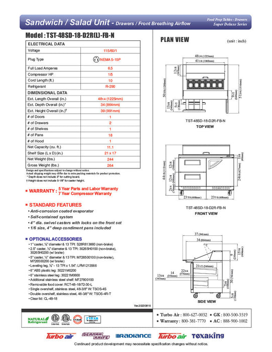 Turbo Air TST-48SD-18-D2R(L)-FB-N 48" Mega Top Sandwich Prep Table w/ 2 Drawers & 1 Door - Donut-Equipment.com