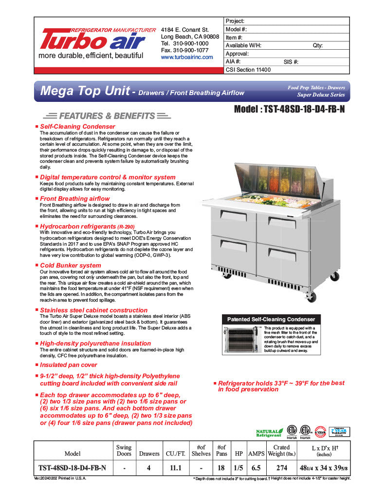 Turbo Air TST-48SD-18-D4-FB-N Super Deluxe 48" Mega Top Sandwich/Salad Prep Table with Four Drawers - Donut-Equipment.com