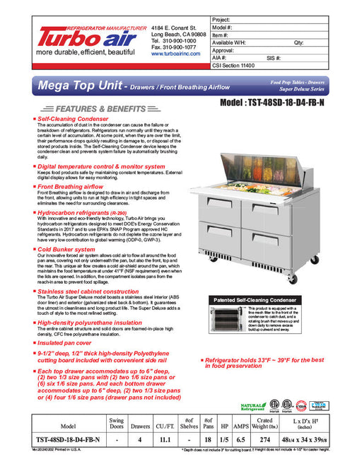 Turbo Air TST-48SD-18-D4-FB-N Super Deluxe 48" Mega Top Sandwich/Salad Prep Table with Four Drawers - Donut-Equipment.com