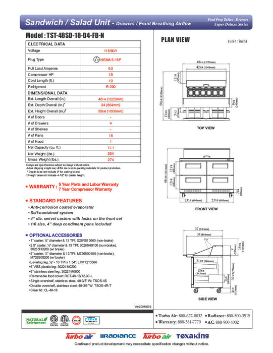 Turbo Air TST-48SD-18-D4-FB-N Super Deluxe 48" Mega Top Sandwich/Salad Prep Table with Four Drawers - Donut-Equipment.com