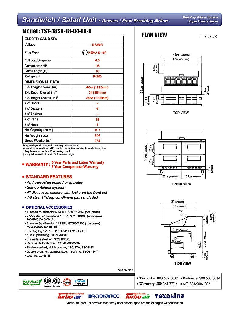 Turbo Air TST-48SD-18-D4-FB-N Super Deluxe 48" Mega Top Sandwich/Salad Prep Table with Four Drawers - Donut-Equipment.com