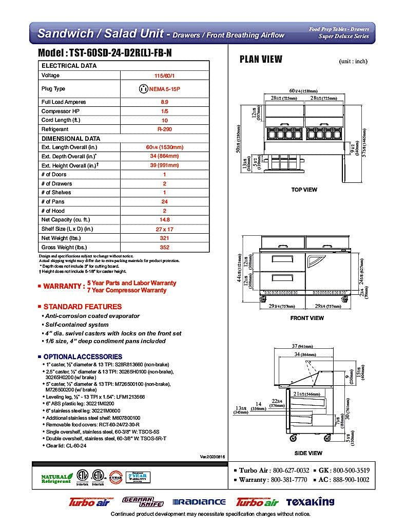 Turbo Air TST-60SD-24-D2R(L)-FB-N 60" Mega Top Sandwich Prep Table w/ 2 Drawers & 1 Door - Donut-Equipment.com