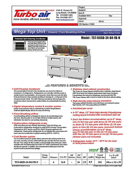 Turbo Air TST-60SD-24-D4-N 60 1/4" Super Deluxe Mega Top Sandwich/Salad Prep Table - Donut-Equipment.com