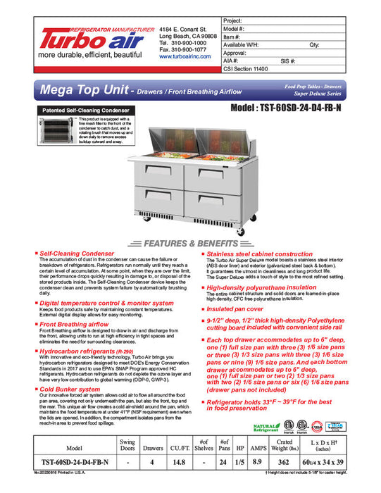 Turbo Air TST-60SD-24-D4-N 60 1/4" Super Deluxe Mega Top Sandwich/Salad Prep Table - Donut-Equipment.com