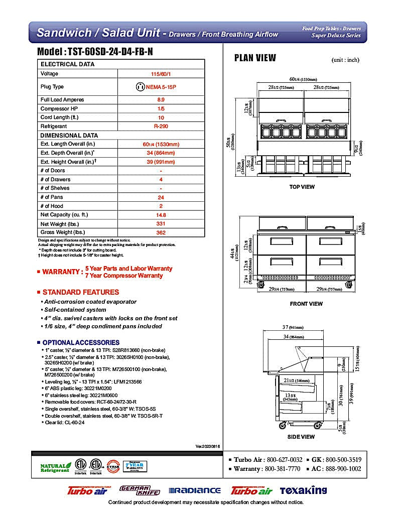 Turbo Air TST-60SD-24-D4-N 60 1/4" Super Deluxe Mega Top Sandwich/Salad Prep Table - Donut-Equipment.com