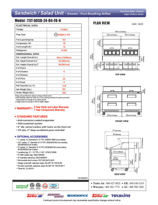 Turbo Air TST-60SD-24-D4-N 60 1/4" Super Deluxe Mega Top Sandwich/Salad Prep Table - Donut-Equipment.com