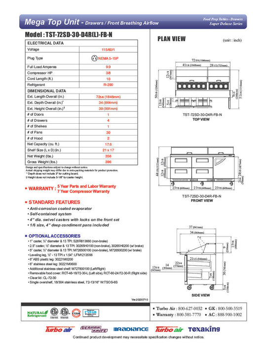 Turbo Air TST-72SD-30-D4R(L)-FB-N Super Deluxe 72" Mega Top Sandwich/Salad Prep Table with Door & Drawers - Donut-Equipment.com