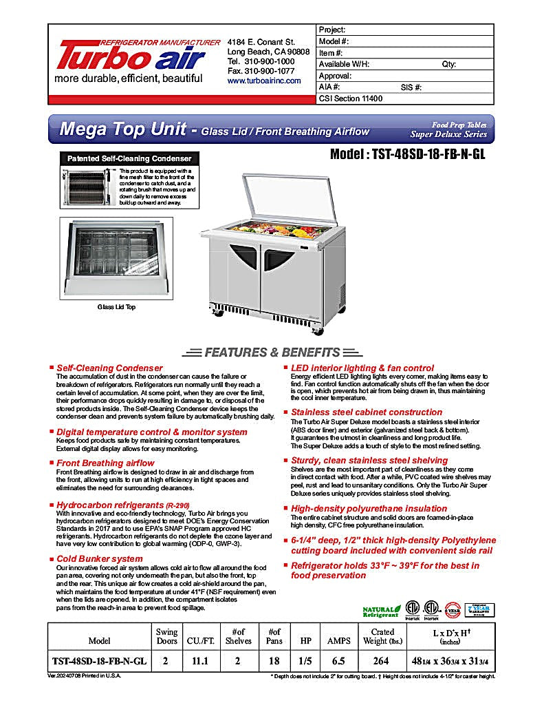 Turbo Air TST-48SD-18-FB-N-GL Super Deluxe 48" Mega Top Sandwich/Salad Prep Table with Glass Lid - Donut-Equipment.com