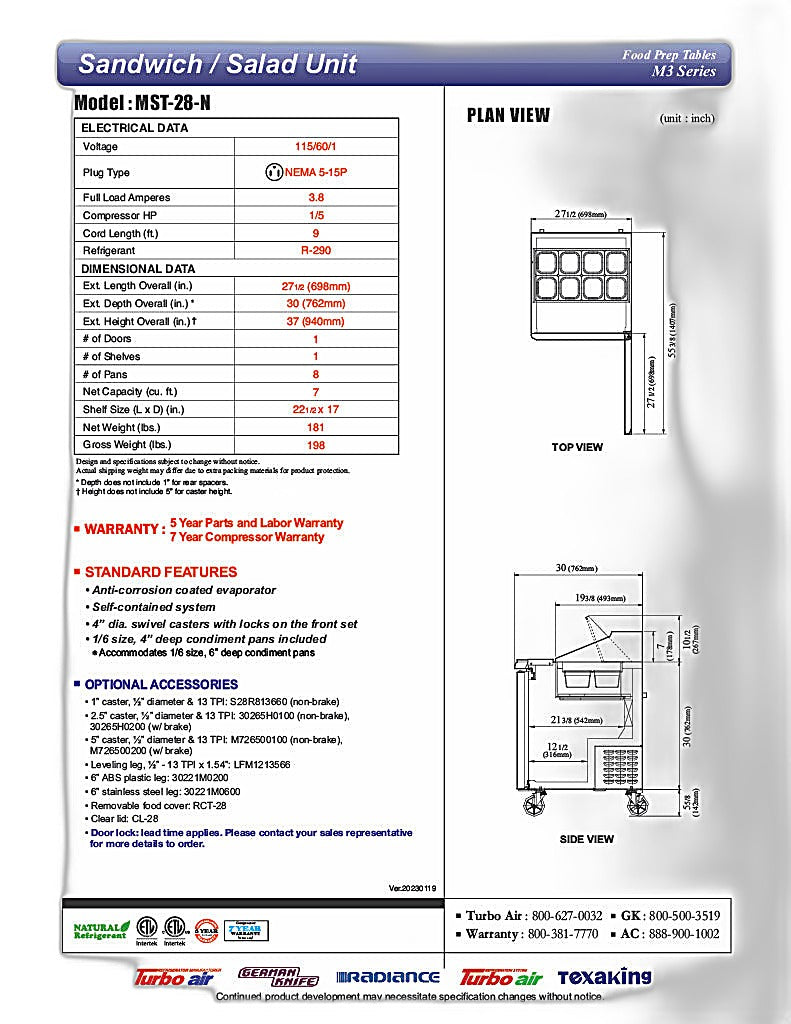 Turbo Air MST-28-N M3 Series 28" 1 Door Stainless Steel Refrigerated Sandwich Prep Table - Donut-Equipment.com