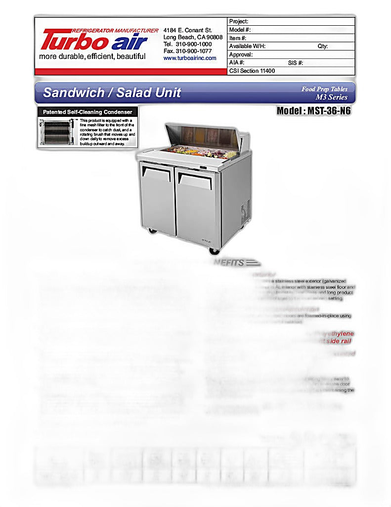 Turbo Air MST-36-N6 M3 Series 36" 2 Door Stainless Steel Refrigerated Sandwich Prep Table - Donut-Equipment.com