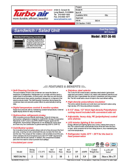 Turbo Air MST-36-N6 M3 Series 36" 2 Door Stainless Steel Refrigerated Sandwich Prep Table - Donut-Equipment.com