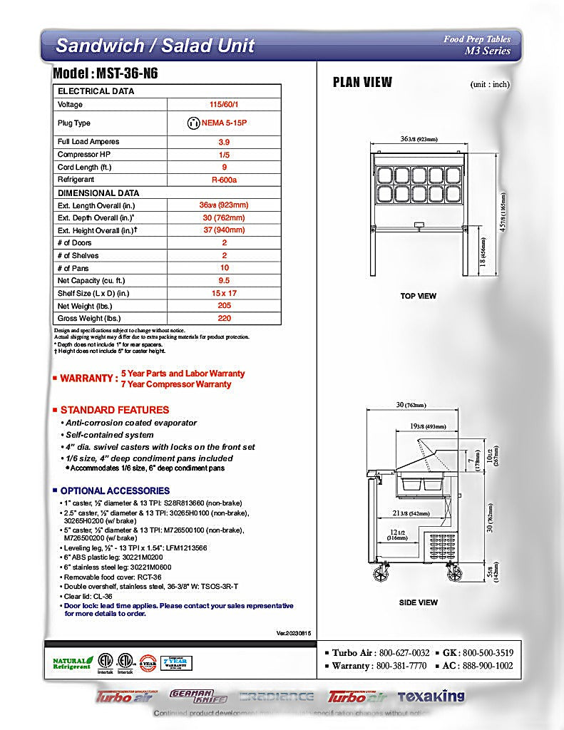 Turbo Air MST-36-N6 M3 Series 36" 2 Door Stainless Steel Refrigerated Sandwich Prep Table - Donut-Equipment.com