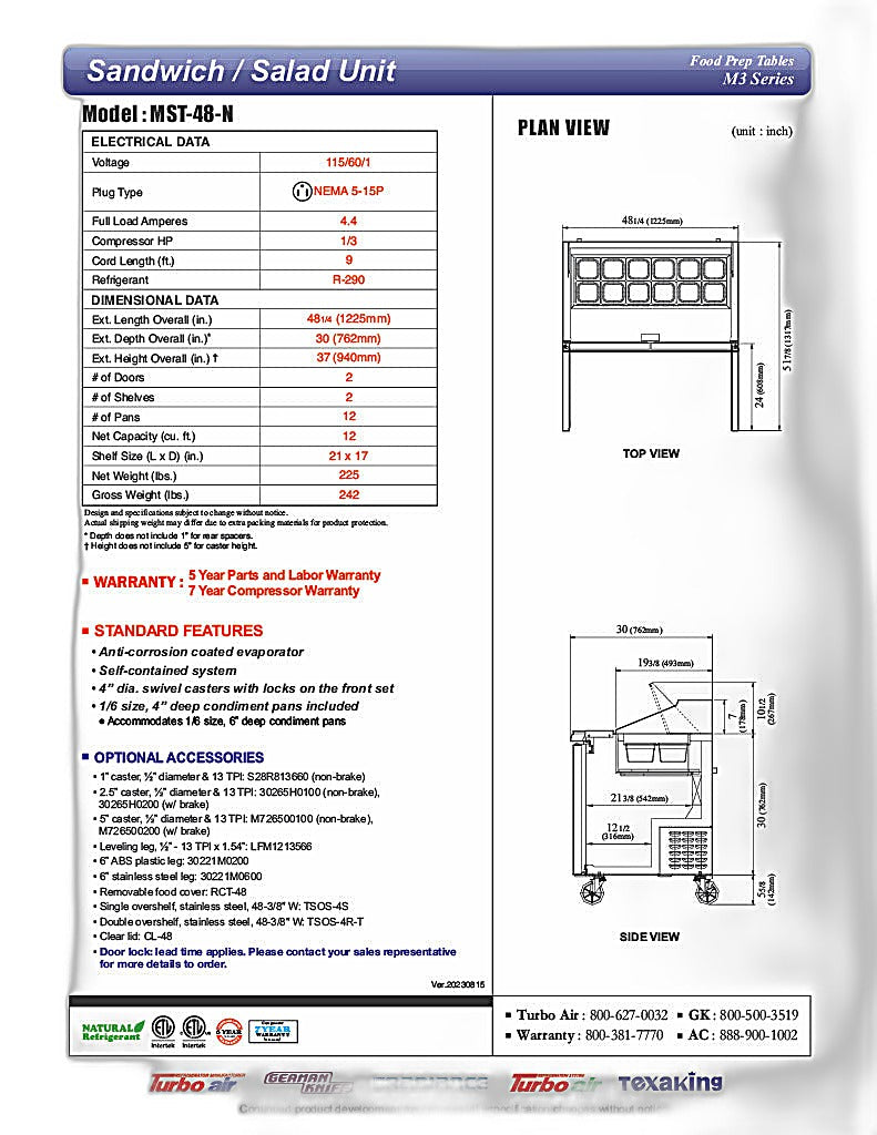 Turbo Air MST-48-N M3 Series 48" 2 Door Stainless Steel Refrigerated Sandwich Prep Table - Donut-Equipment.com