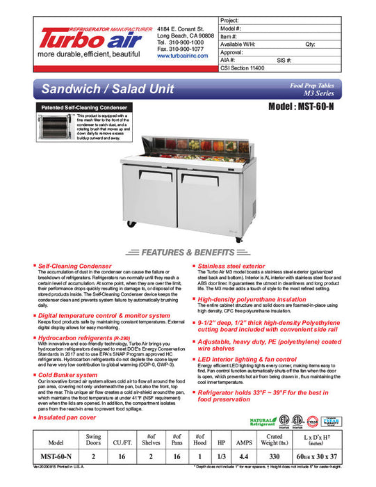 Turbo Air MST-60-N M3 Series 60" 2 Door Stainless Steel Refrigerated Sandwich Prep Table - Donut-Equipment.com