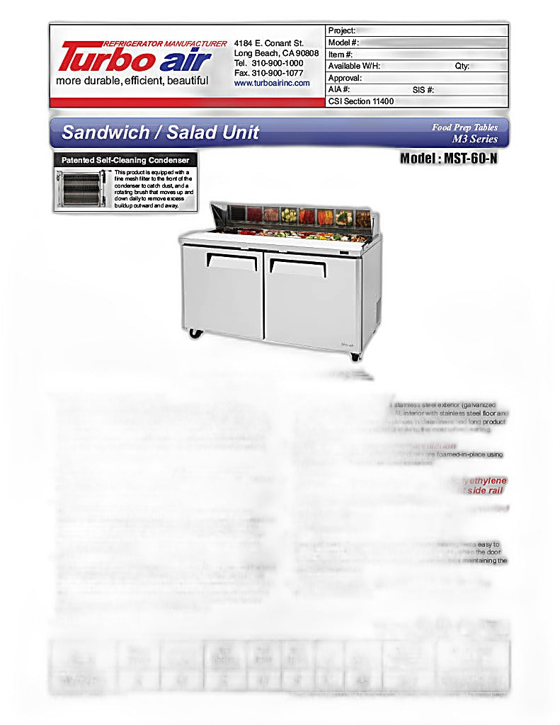 Turbo Air MST-60-N M3 Series 60" 2 Door Stainless Steel Refrigerated Sandwich Prep Table - Donut-Equipment.com