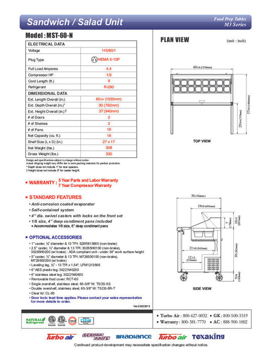 Turbo Air MST-60-N M3 Series 60" 2 Door Stainless Steel Refrigerated Sandwich Prep Table - Donut-Equipment.com