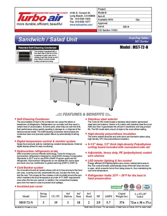 Turbo Air MST-72-N M3 Series 72" 3 Door Stainless Steel Refrigerated Sandwich Prep Table - Donut-Equipment.com