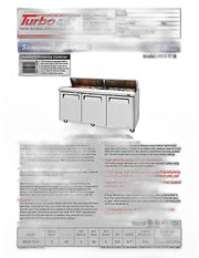Turbo Air MST-72-N M3 Series 72" 3 Door Stainless Steel Refrigerated Sandwich Prep Table - Donut-Equipment.com