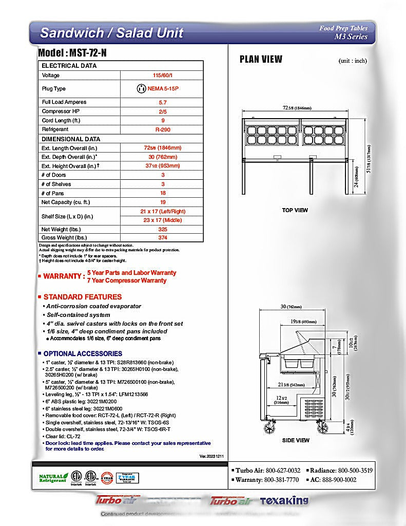 Turbo Air MST-72-N M3 Series 72" 3 Door Stainless Steel Refrigerated Sandwich Prep Table - Donut-Equipment.com