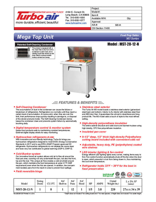 Turbo Air MST-28-12-N M3 Series 28" 1 Door Mega Top Stainless Steel Refrigerated Sandwich Prep Table - Donut-Equipment.com