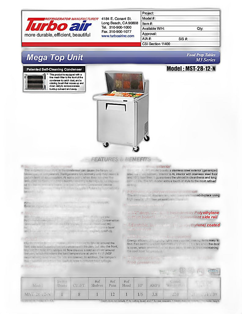 Turbo Air MST-28-12-N M3 Series 28" 1 Door Mega Top Stainless Steel Refrigerated Sandwich Prep Table - Donut-Equipment.com
