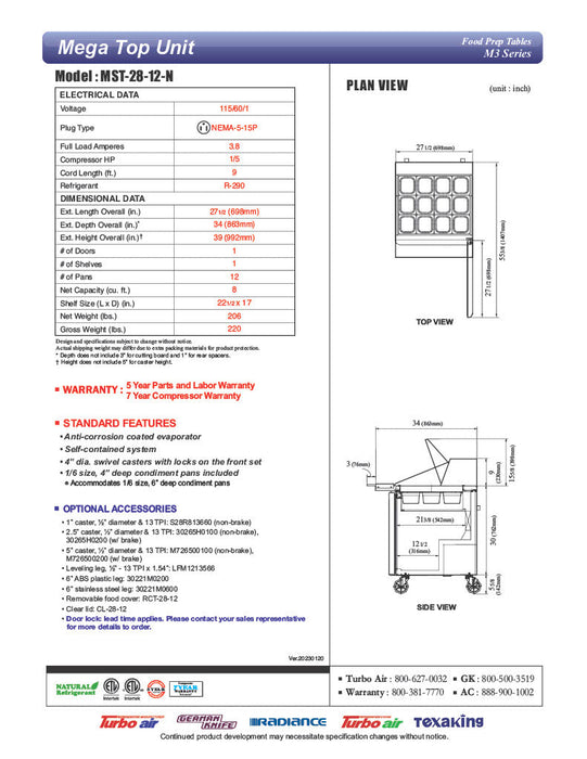 Turbo Air MST-28-12-N M3 Series 28" 1 Door Mega Top Stainless Steel Refrigerated Sandwich Prep Table - Donut-Equipment.com