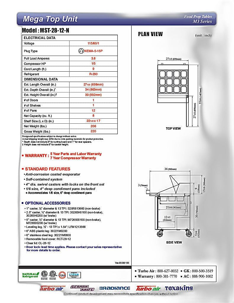 Turbo Air MST-28-12-N M3 Series 28" 1 Door Mega Top Stainless Steel Refrigerated Sandwich Prep Table - Donut-Equipment.com
