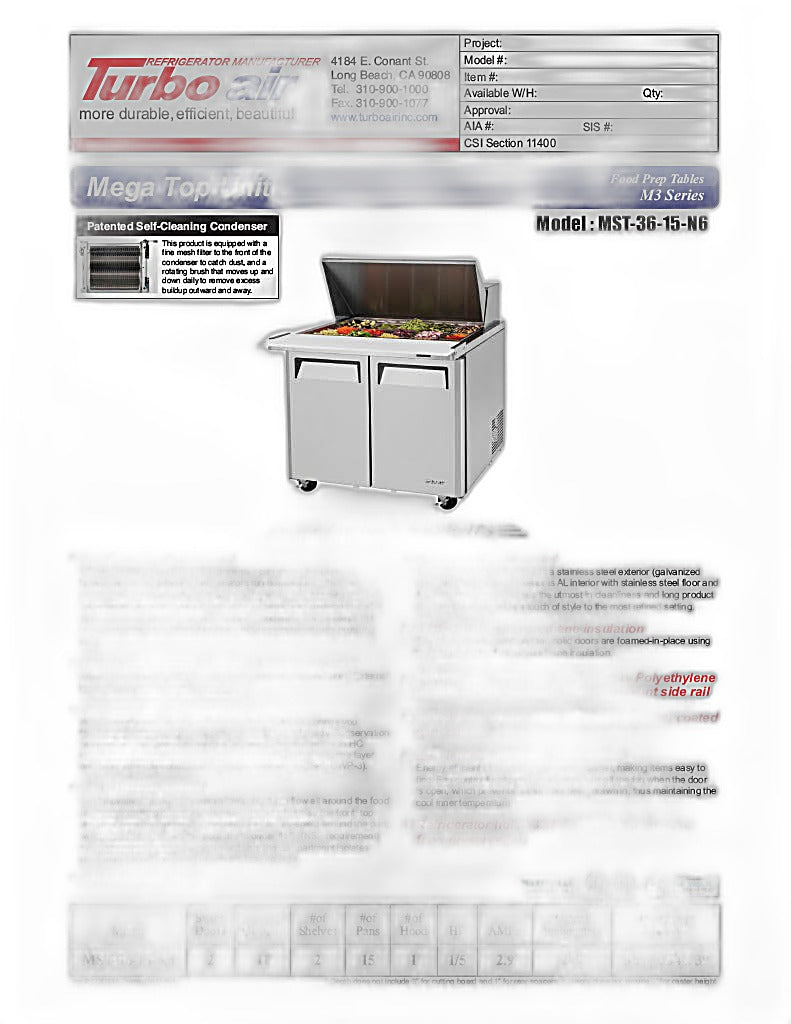 Turbo Air MST-36-15-N6 M3 Series 36" 2 Door Stainless Steel Refrigerated Sandwich Prep Table - Donut-Equipment.com