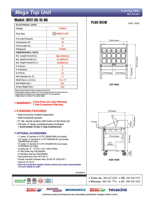 Turbo Air MST-36-15-N6 M3 Series 36" 2 Door Stainless Steel Refrigerated Sandwich Prep Table - Donut-Equipment.com