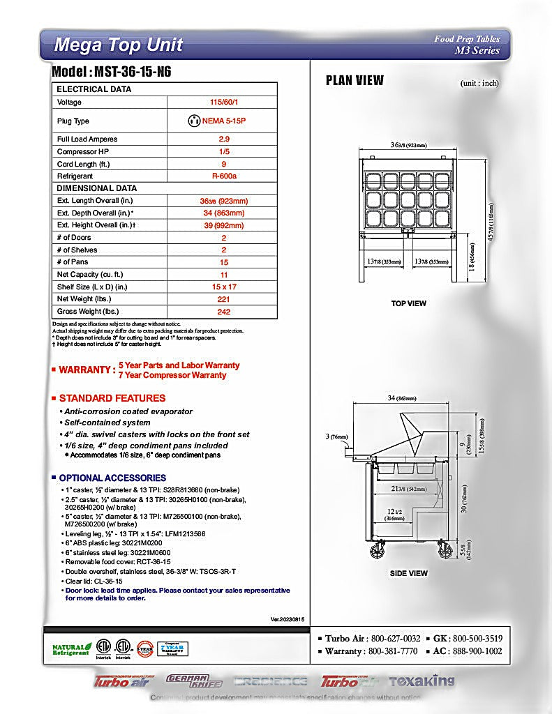 Turbo Air MST-36-15-N6 M3 Series 36" 2 Door Stainless Steel Refrigerated Sandwich Prep Table - Donut-Equipment.com