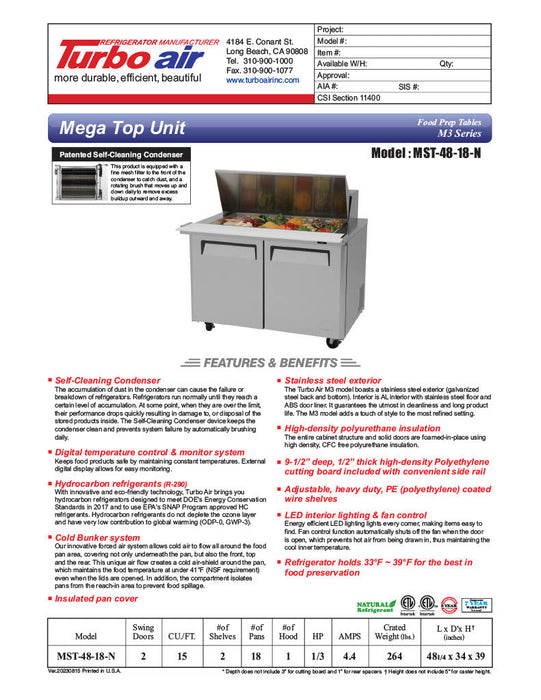 Turbo Air MST-48-18-N M3 Series 48" 2 Door Mega Top Stainless Steel Refrigerated Sandwich Prep Table - Donut-Equipment.com