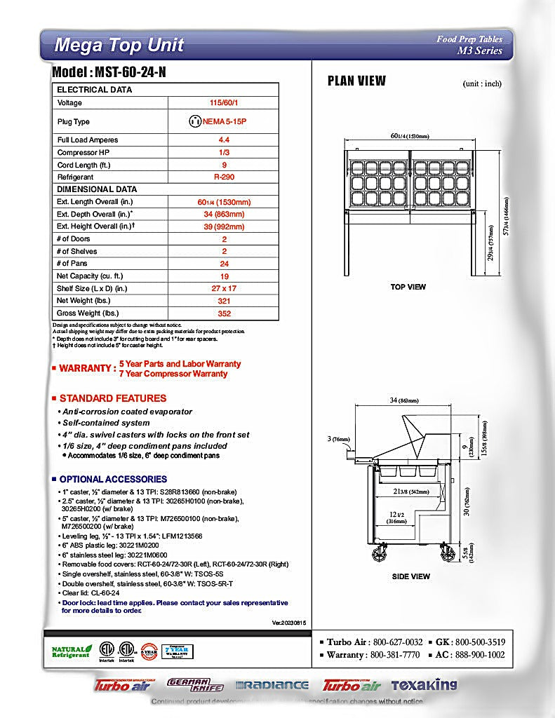 Turbo Air MST-60-24-N M3 Series 60" 2 Door Mega Top Stainless Steel Refrigerated Sandwich Prep Table - Donut-Equipment.com