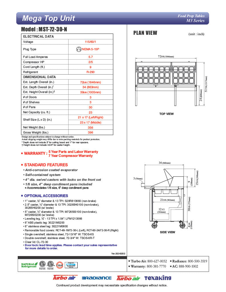 Turbo Air MST-72-30-N M3 Series 72" 3 Door Mega Top Stainless Steel Refrigerated Sandwich Prep Table - Donut-Equipment.com