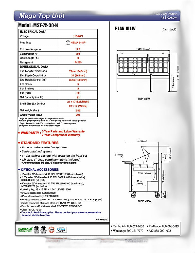 Turbo Air MST-72-30-N M3 Series 72" 3 Door Mega Top Stainless Steel Refrigerated Sandwich Prep Table - Donut-Equipment.com