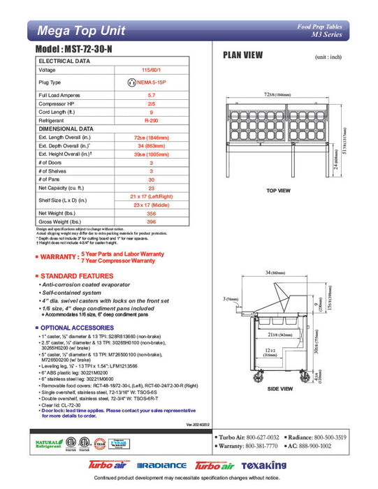 Turbo Air MST-72-30-N M3 Series 72" 3 Door Mega Top Stainless Steel Refrigerated Sandwich Prep Table - Donut-Equipment.com
