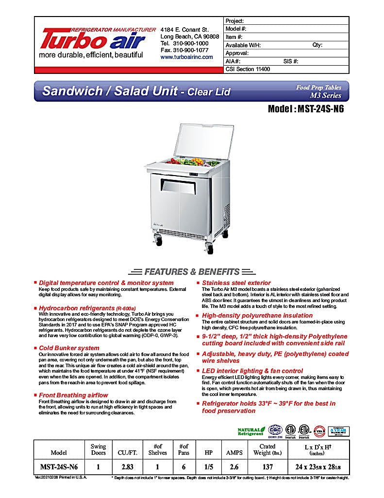 Turbo Air M3 Series MST-24S-N6 24" 1 Door Refrigerated Salad Prep Table with Clear Lid - Donut-Equipment.com
