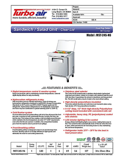 Turbo Air M3 Series MST-24S-N6 24" 1 Door Refrigerated Salad Prep Table with Clear Lid - Donut-Equipment.com