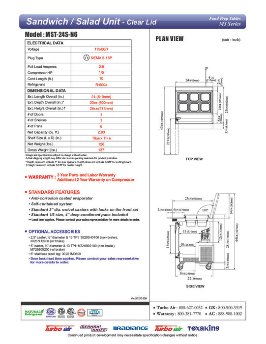 Turbo Air M3 Series MST-24S-N6 24" 1 Door Refrigerated Salad Prep Table with Clear Lid - Donut-Equipment.com