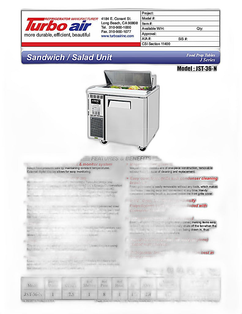 Turbo Air JST-36-N 36" 1 Door Side Mount Compressor Refrigerated Sandwich Prep Table - Donut-Equipment.com