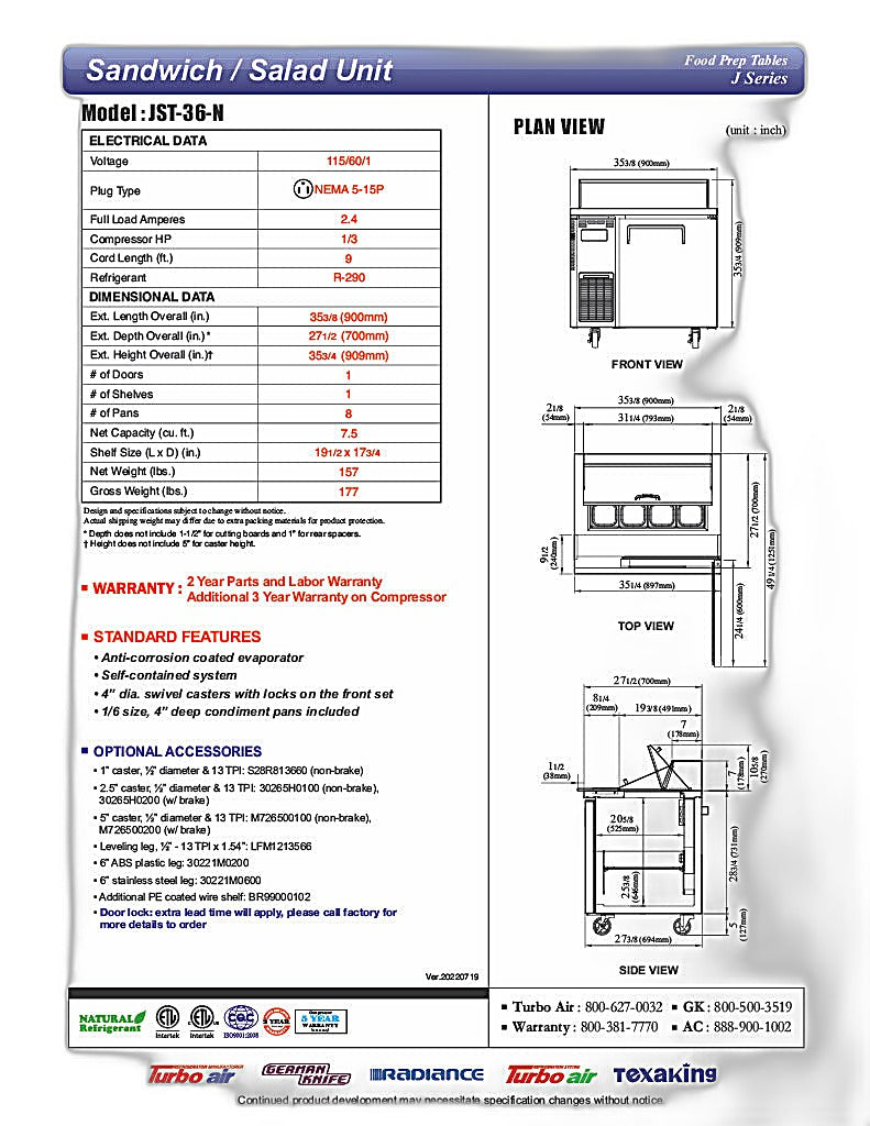 Turbo Air JST-36-N 36" 1 Door Side Mount Compressor Refrigerated Sandwich Prep Table - Donut-Equipment.com